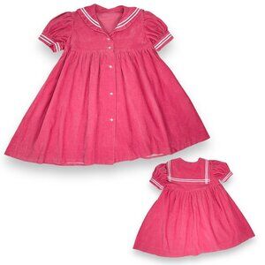 Vintage Girls Pink Sailor Collar Short Sleeve Light Velvet Corduroy Dress 5